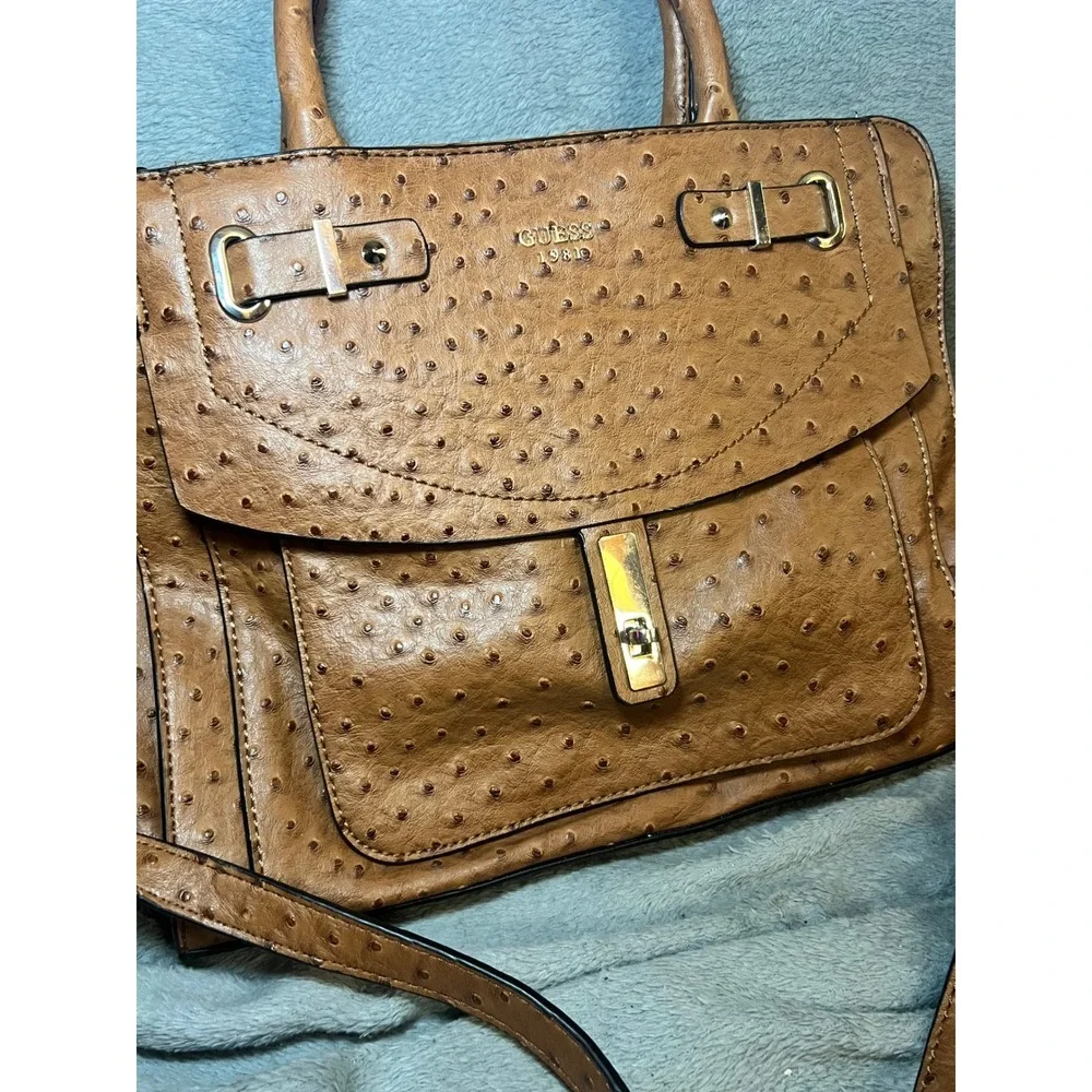 Guess 1981 faux Ostrich Embossed Satchel Crossbody Purse Brown Handle Handbag